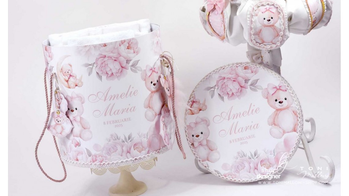 Trusou botez cu ursuleti si hortensii Teddy Bear Pink 10